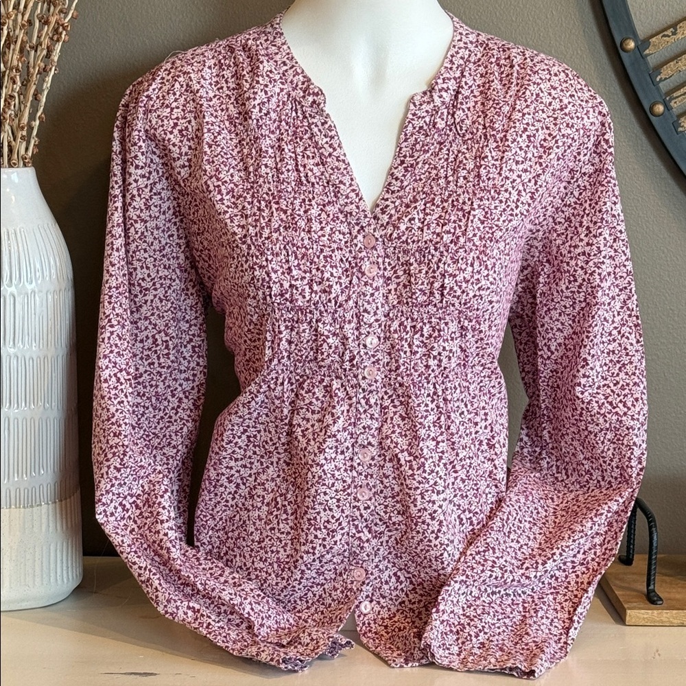 ERIKA Button Front w/ Smocking Detail Mandarin Collar Floral Print Top Size XL